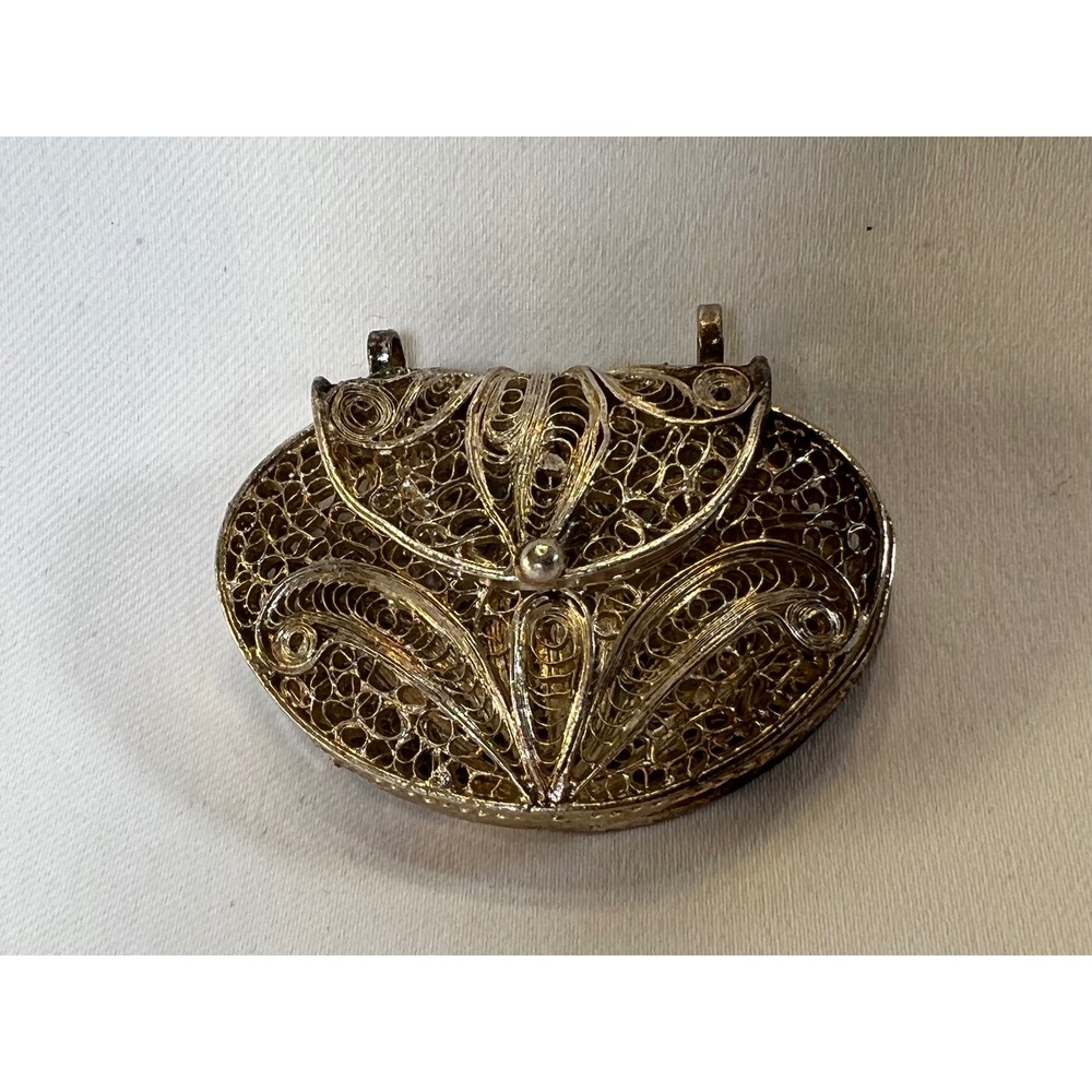 Vintage Silver Tone Filigree Pill Box Pendant Oval Hinged Keepsake Locket